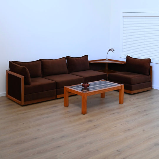 Mid Century Teak and Brown Velvet Modular 'Checkers' Playpen Sofa