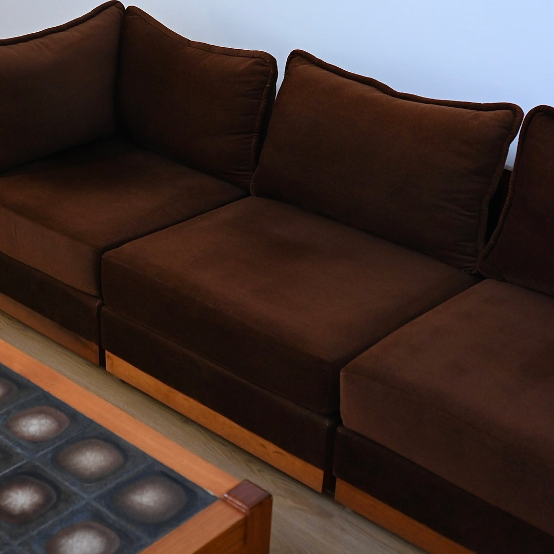 Mid Century Teak and Brown Velvet Modular 'Checkers' Playpen Sofa