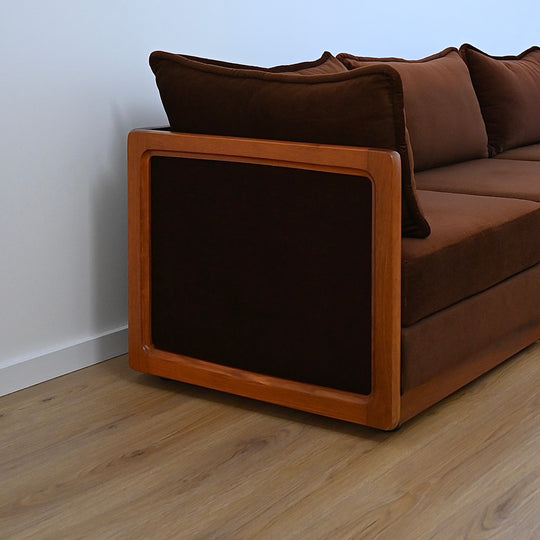 Mid Century Teak and Brown Velvet Modular 'Checkers' Playpen Sofa