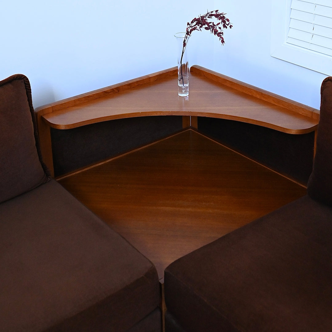 Mid Century Teak and Brown Velvet Modular 'Checkers' Playpen Sofa