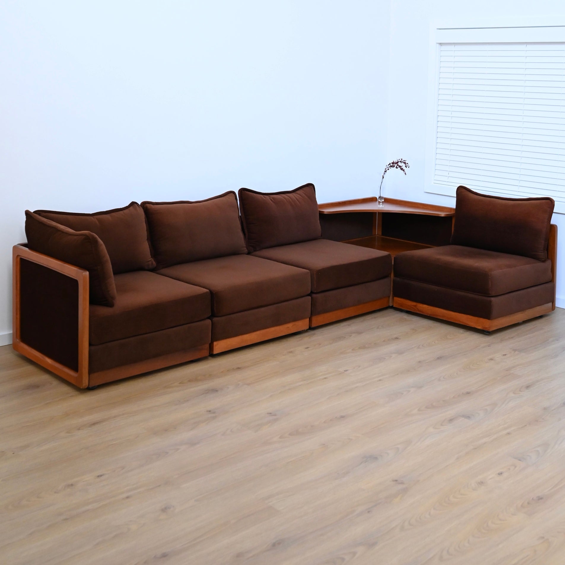 Mid Century Teak and Brown Velvet Modular 'Checkers' Playpen Sofa