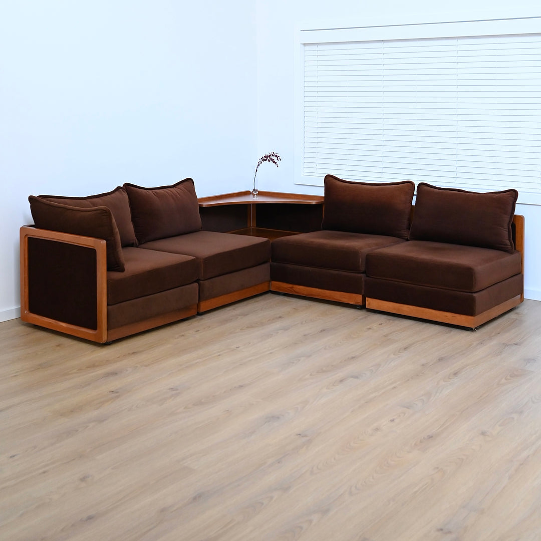 Mid Century Teak and Brown Velvet Modular 'Checkers' Playpen Sofa