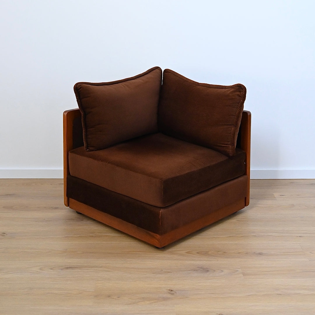 Mid Century Teak and Brown Velvet Modular 'Checkers' Playpen Sofa