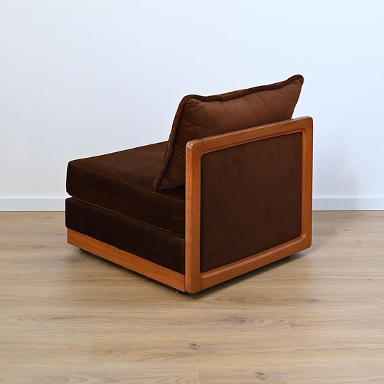 Mid Century Teak and Brown Velvet Modular 'Checkers' Playpen Sofa