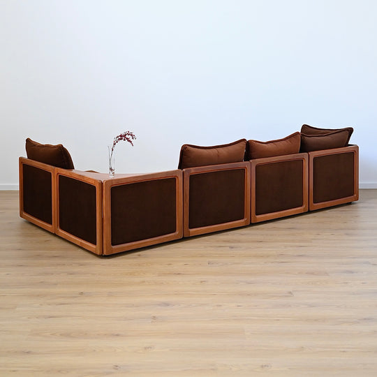 Mid Century Teak and Brown Velvet Modular 'Checkers' Playpen Sofa