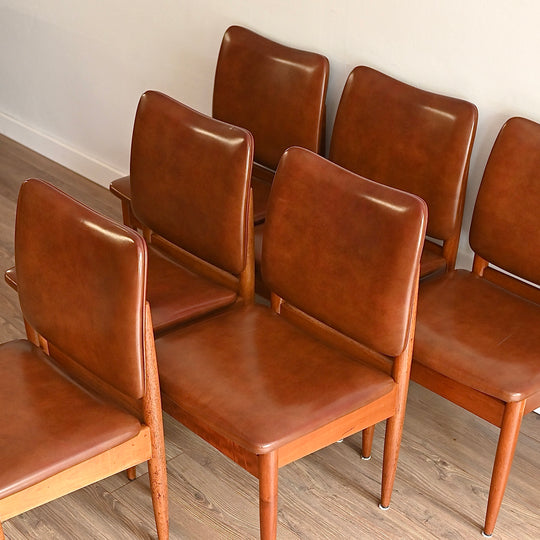 6x Mid Century Teak Brown Vinyl Dining Chairs by Chiswell