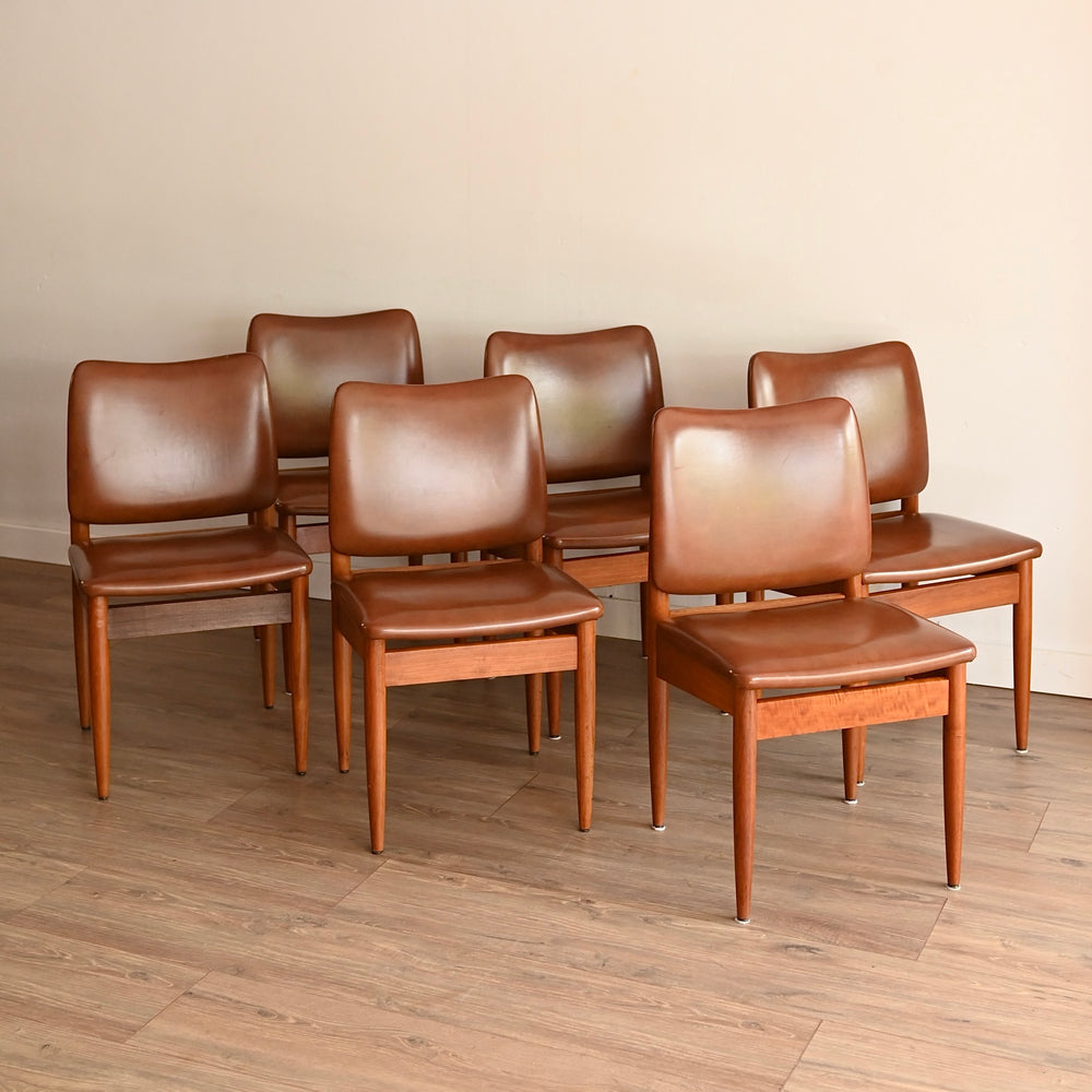 6x Mid Century Teak Brown Vinyl Dining Chairs by Chiswell
