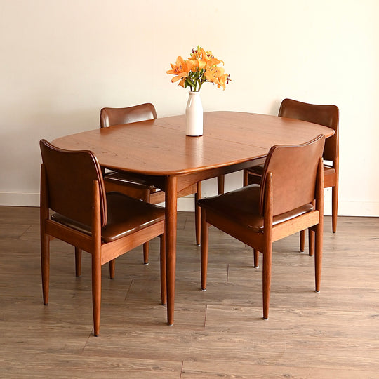 6x Mid Century Teak Brown Vinyl Dining Chairs by Chiswell
