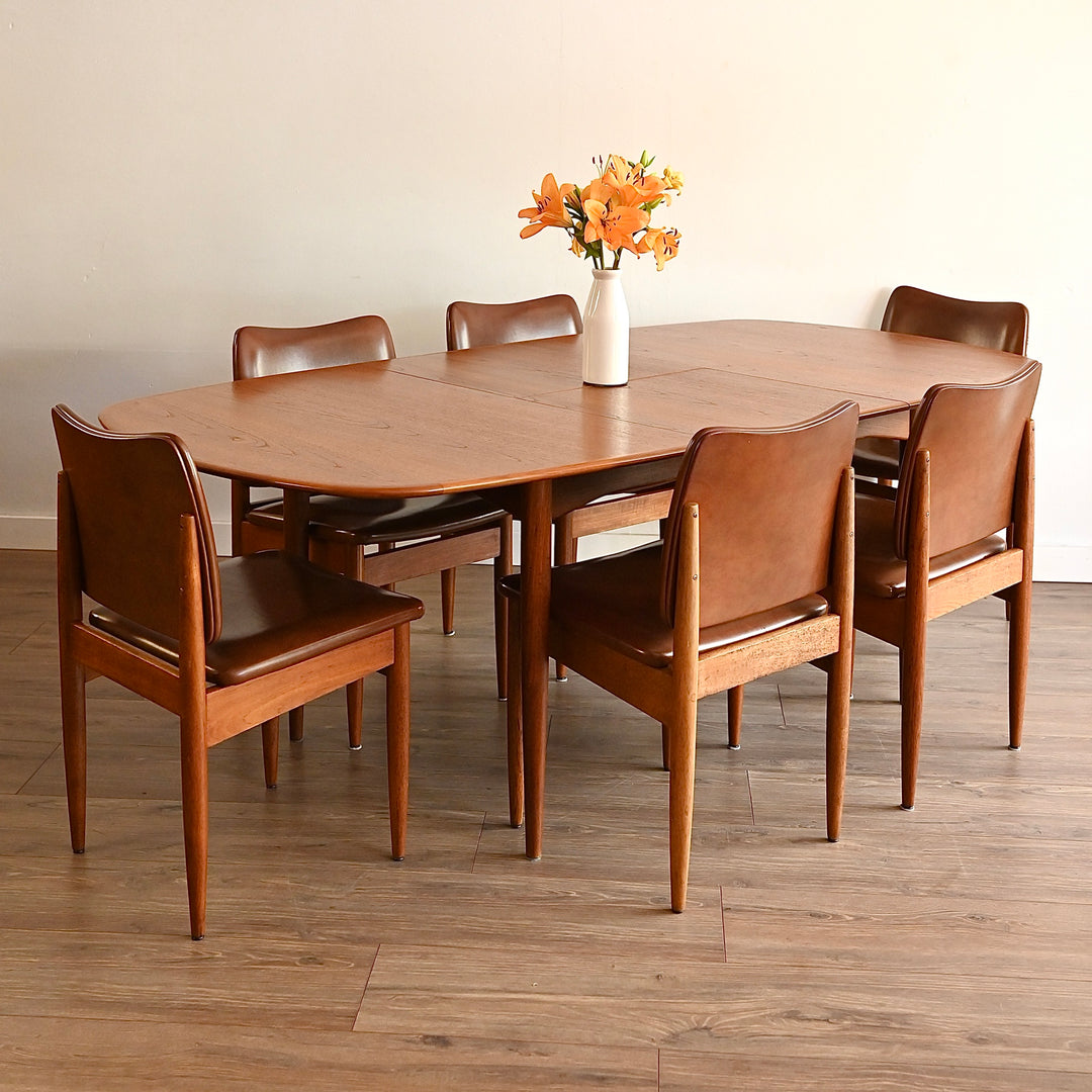 6x Mid Century Teak Brown Vinyl Dining Chairs by Chiswell
