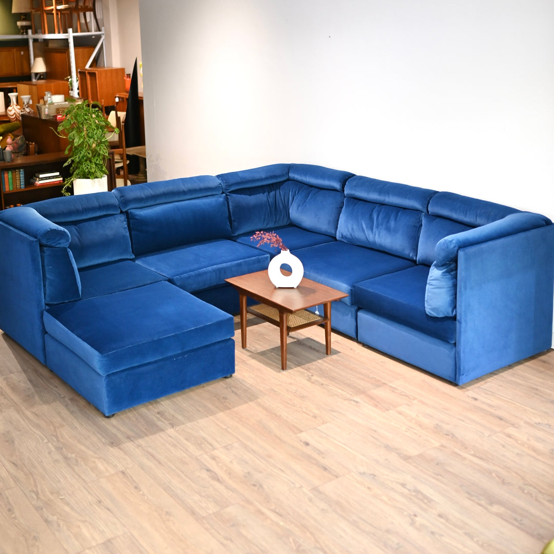 Retro 80s Blue Velvet Modular Playpen Sofa Lounge