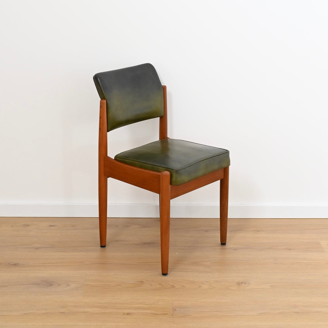 4x Mid Century Teak Olive Green Vinyl Dining Chairs by Chiswell