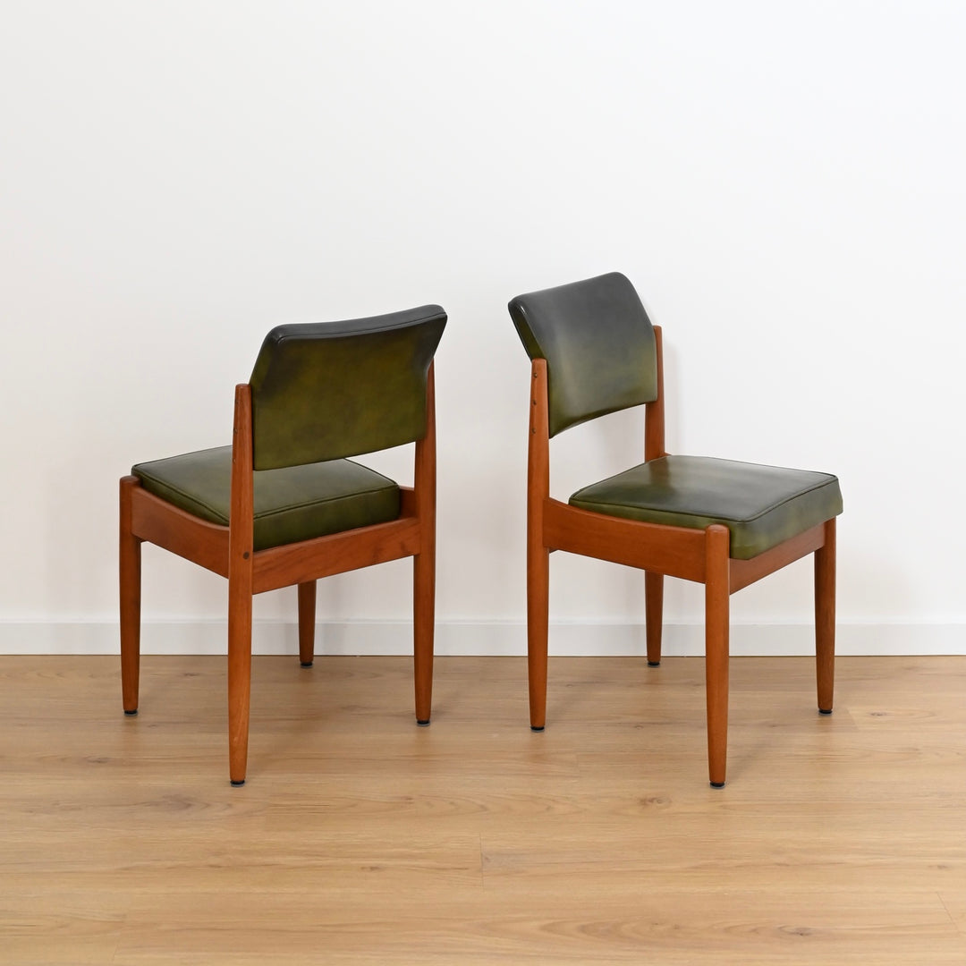 4x Mid Century Teak Olive Green Vinyl Dining Chairs by Chiswell