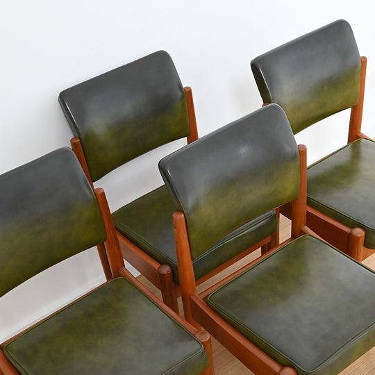 4x Mid Century Teak Olive Green Vinyl Dining Chairs by Chiswell