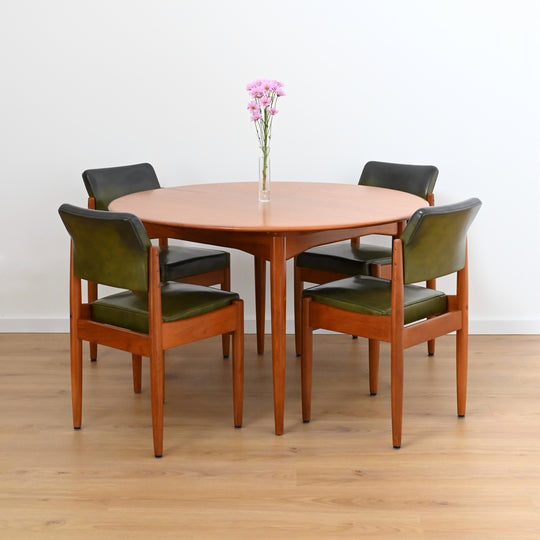 4x Mid Century Teak Olive Green Vinyl Dining Chairs by Chiswell