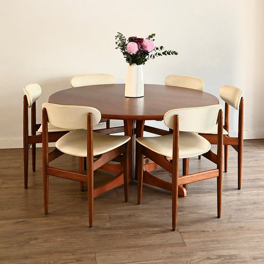 6x Mid Century Teak White Vinyl Dining Chairs by Elite