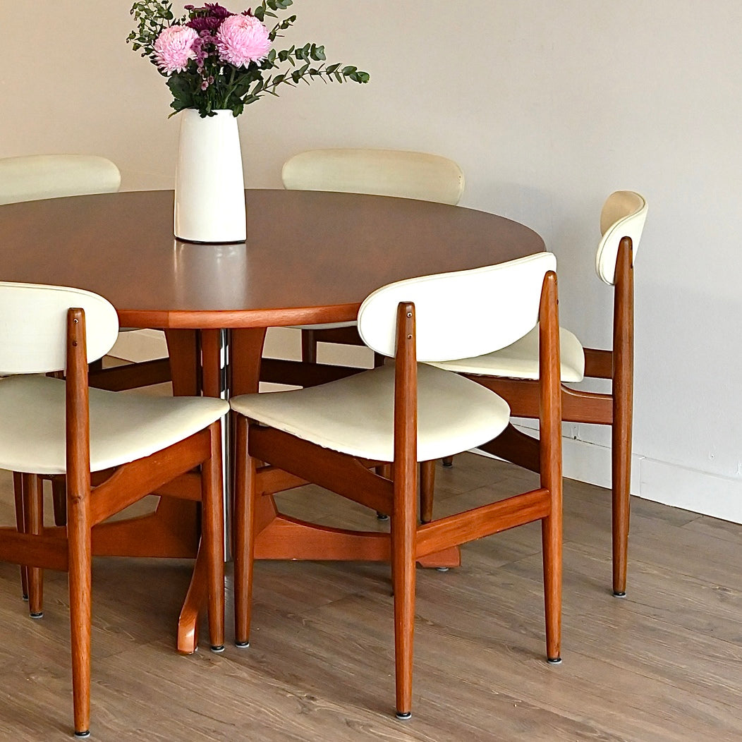 6x Mid Century Teak White Vinyl Dining Chairs by Elite