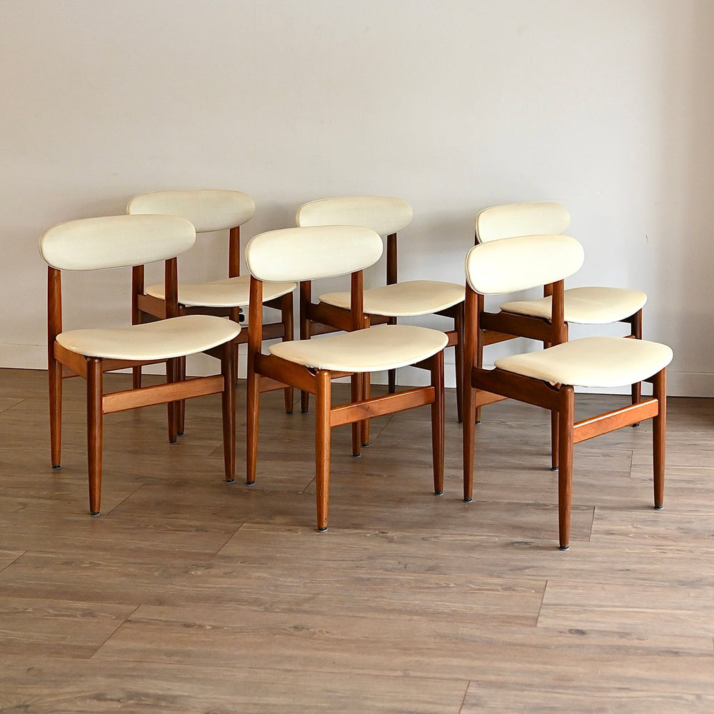 6x Mid Century Teak White Vinyl Dining Chairs by Elite