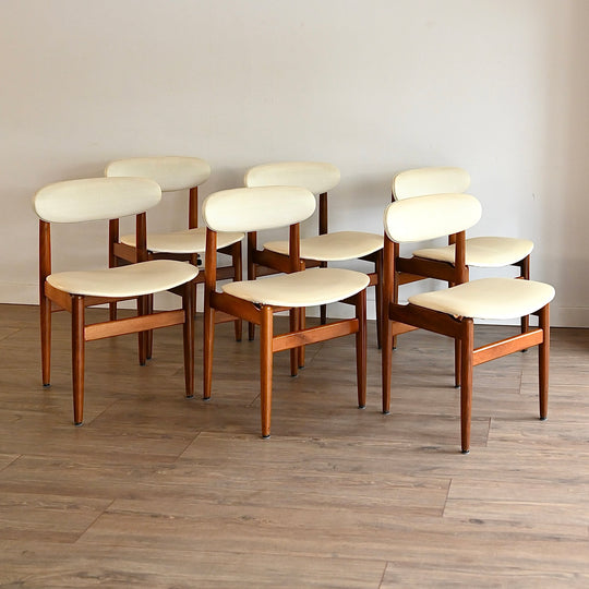 6x Mid Century Teak White Vinyl Dining Chairs by Elite