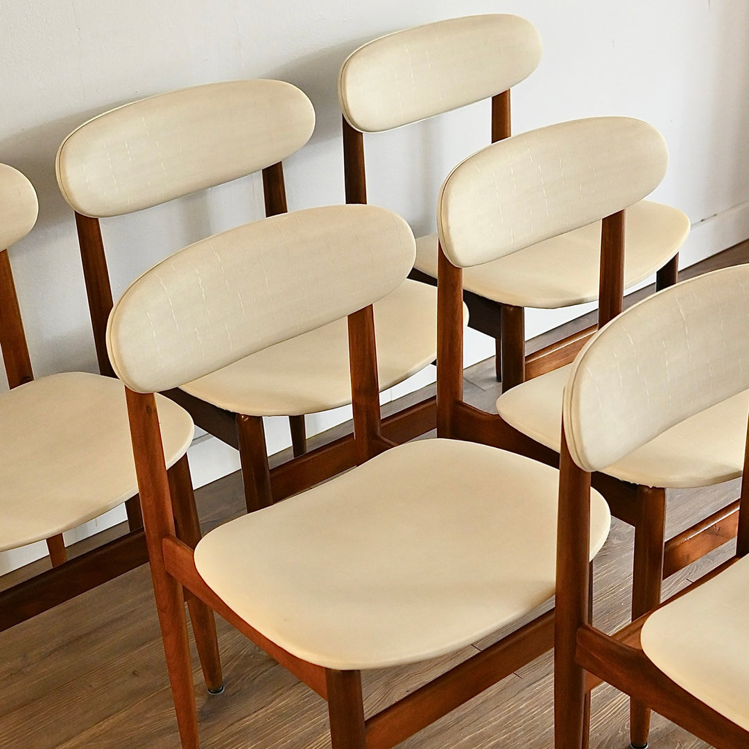 6x Mid Century Teak White Vinyl Dining Chairs by Elite