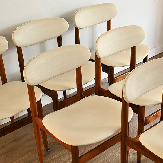 6x Mid Century Teak White Vinyl Dining Chairs by Elite