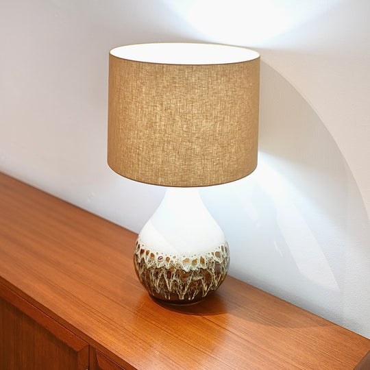 Mid Century Glazed Ceramic Bowl Lamp with Pure Linen Lamp Shade