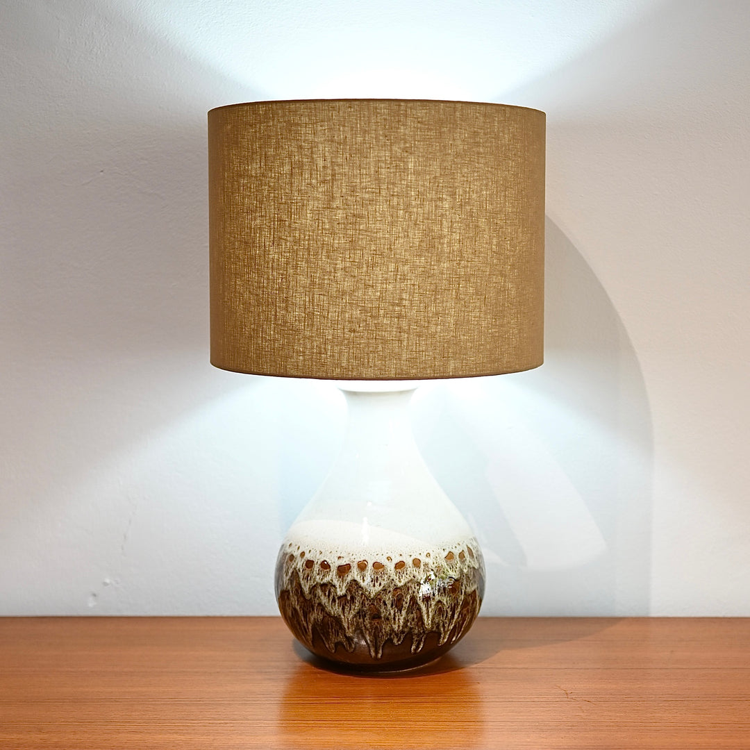 Mid Century Glazed Ceramic Bowl Lamp with Pure Linen Lamp Shade