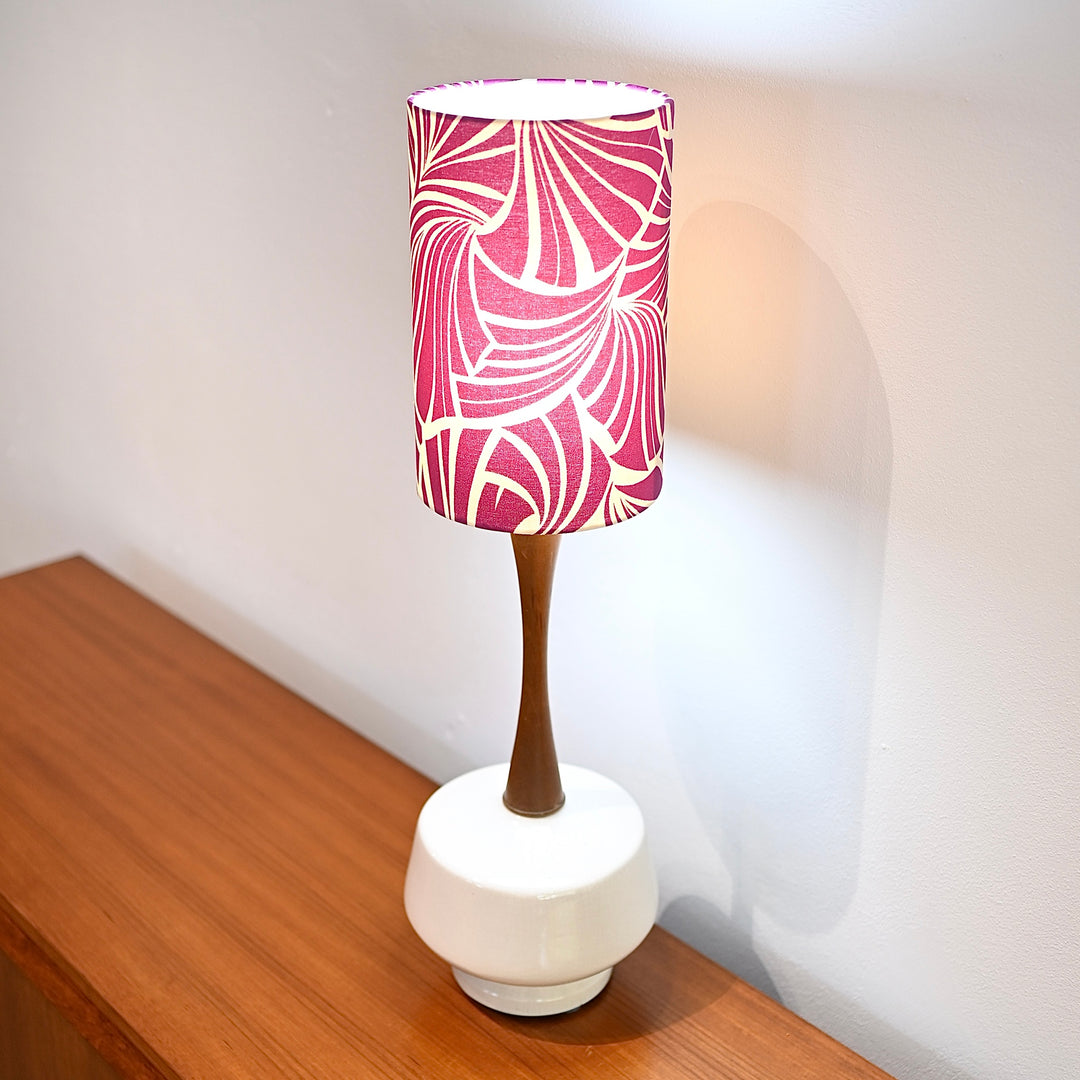 Mid Century Teak and Ceramic Lamp with handmade vintage fabric shade - “Japanese Fans”