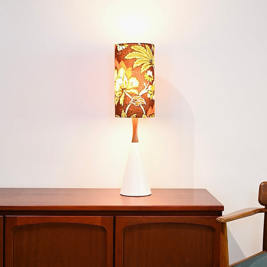 Mid Century Teak and Ceramic Lamp with handmade vintage fabric shade - decorative flowers