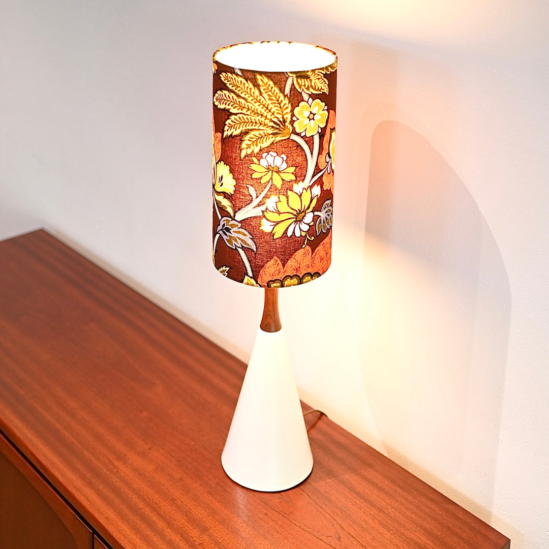 Mid Century Teak and Ceramic Lamp with handmade vintage fabric shade - decorative flowers