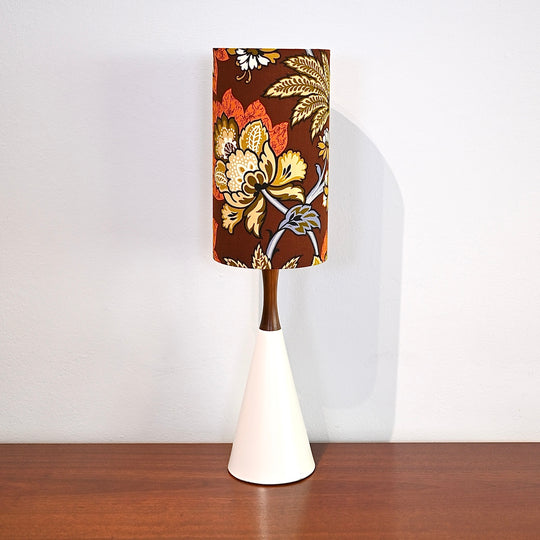 Mid Century Teak and Ceramic Lamp with handmade vintage fabric shade - decorative flowers