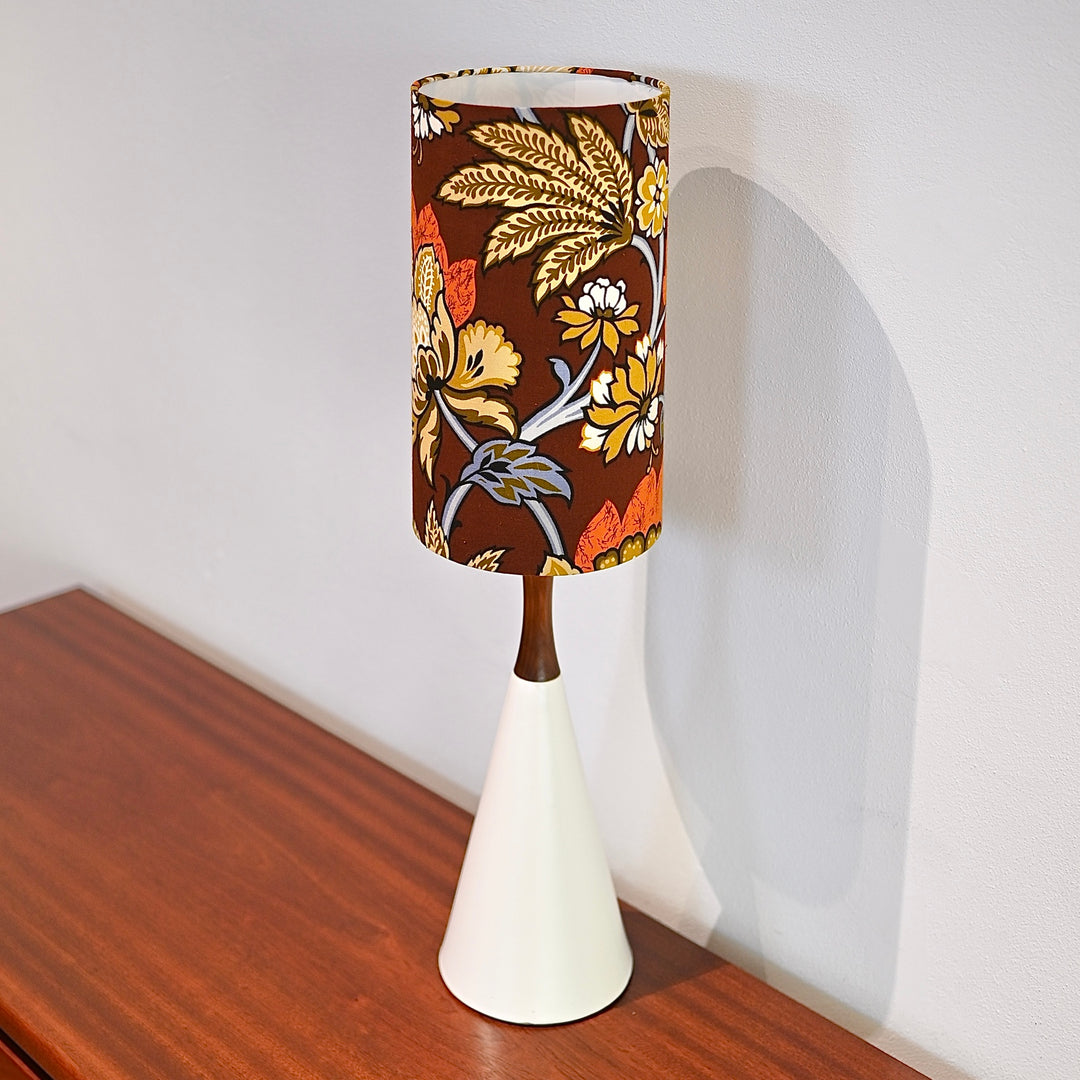 Mid Century Teak and Ceramic Lamp with handmade vintage fabric shade - decorative flowers