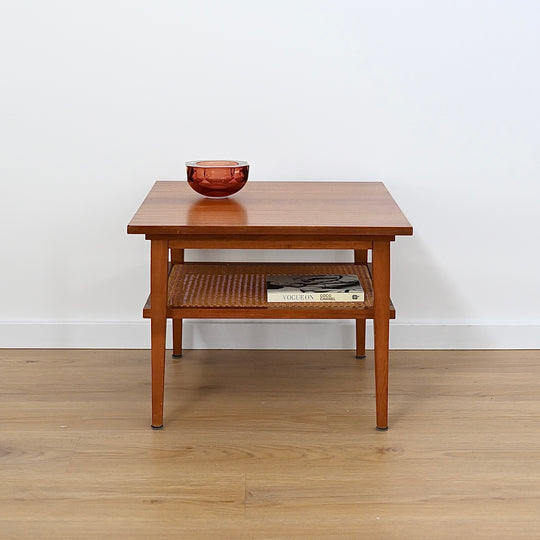 Mid Century Teak Square Coffee Table with Rattan Magazine Shelf