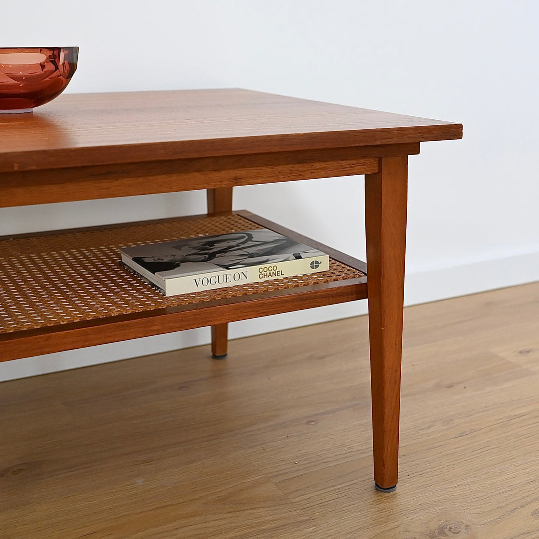 Mid Century Teak Square Coffee Table with Rattan Magazine Shelf