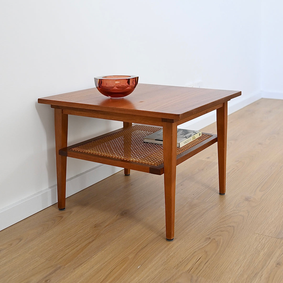 Mid Century Teak Square Coffee Table with Rattan Magazine Shelf