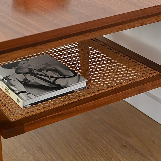Mid Century Teak Square Coffee Table with Rattan Magazine Shelf