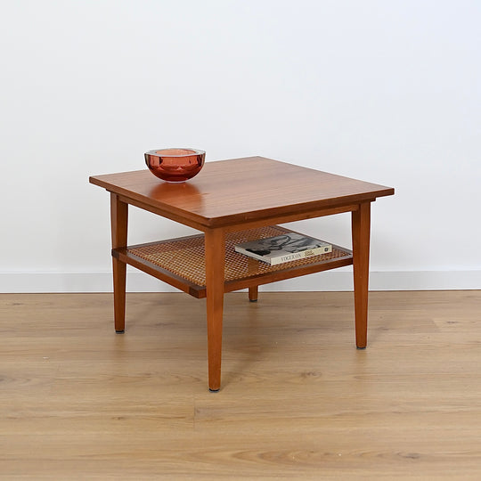 Mid Century Teak Square Coffee Table with Rattan Magazine Shelf