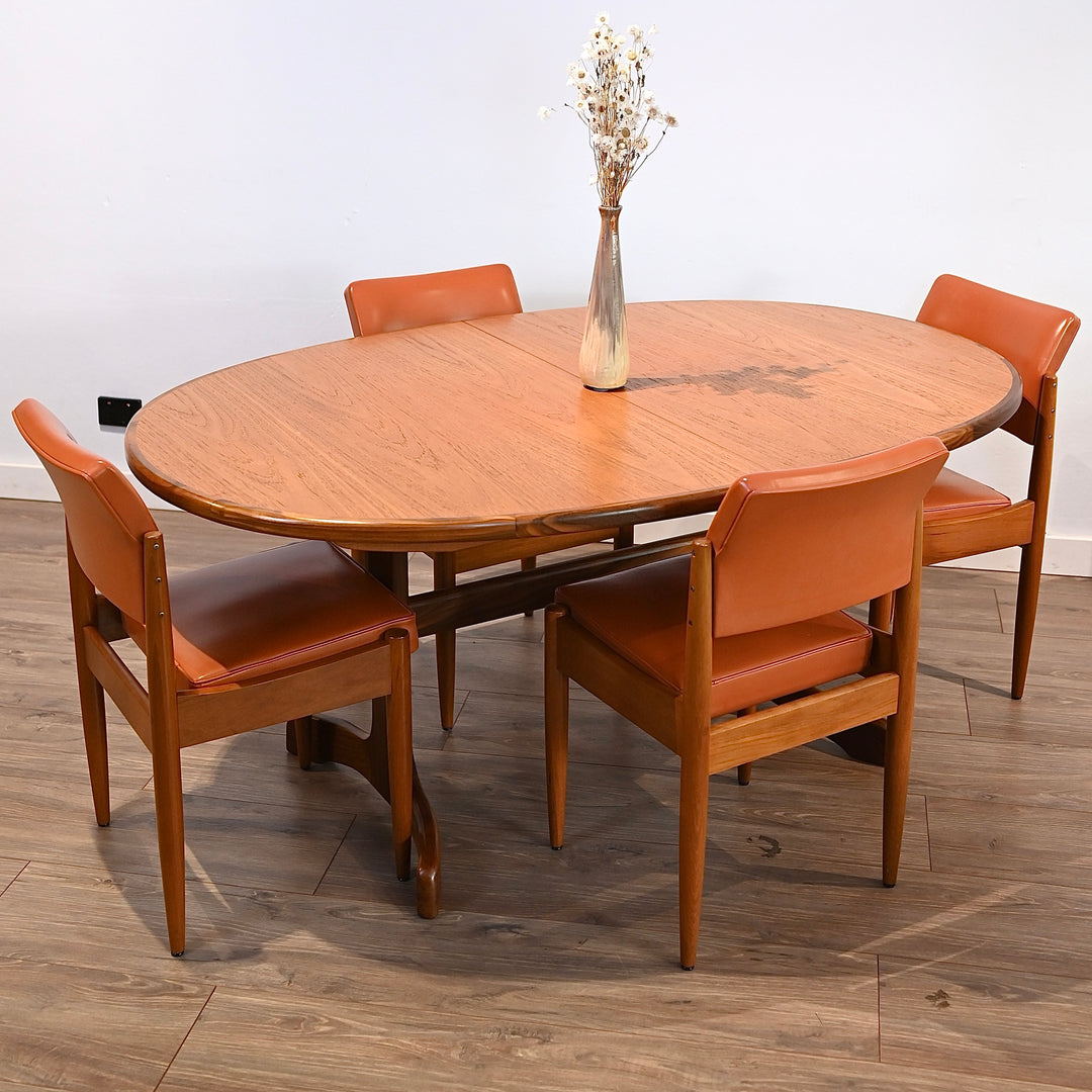 6x Mid Century Teak Chiswell Dining Chairs in Burnt Orange Vinyl