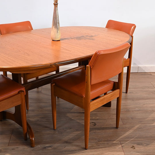 6x Mid Century Teak Chiswell Dining Chairs in Burnt Orange Vinyl