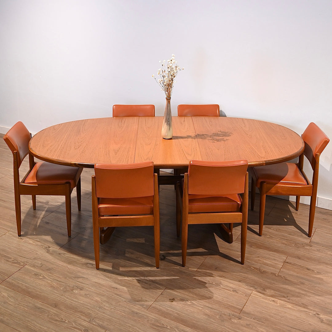 6x Mid Century Teak Chiswell Dining Chairs in Burnt Orange Vinyl