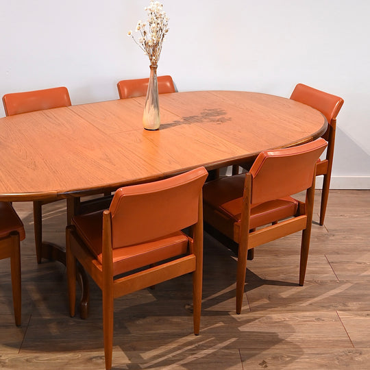 6x Mid Century Teak Chiswell Dining Chairs in Burnt Orange Vinyl