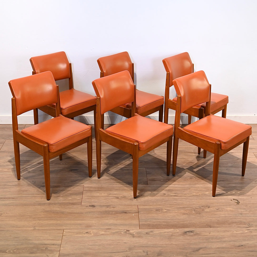 6x Mid Century Teak Chiswell Dining Chairs in Burnt Orange Vinyl