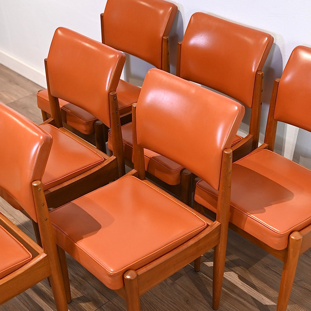 6x Mid Century Teak Chiswell Dining Chairs in Burnt Orange Vinyl