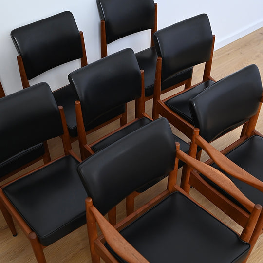8 x Mid Century Teak Black Vinyl Dining Chairs by Chiswell