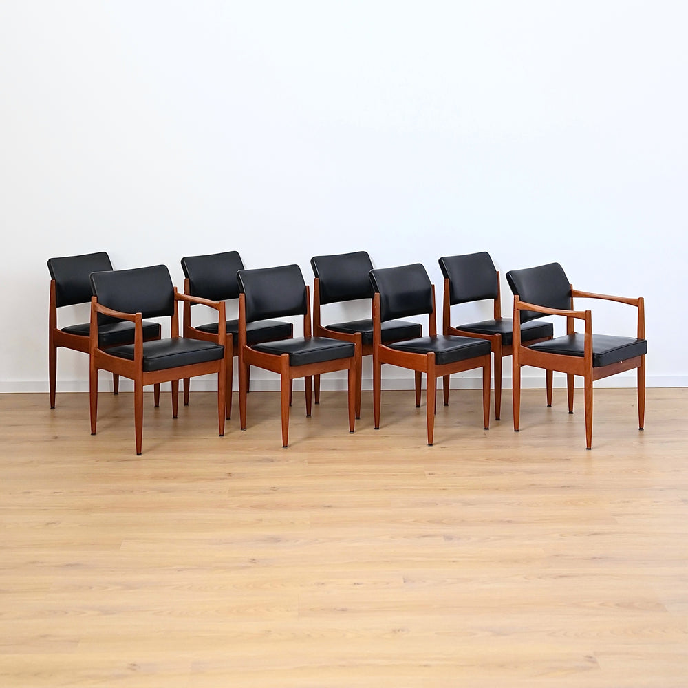8 x Mid Century Teak Black Vinyl Dining Chairs by Chiswell
