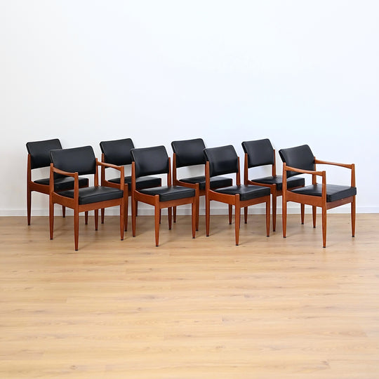 8 x Mid Century Teak Black Vinyl Dining Chairs by Chiswell