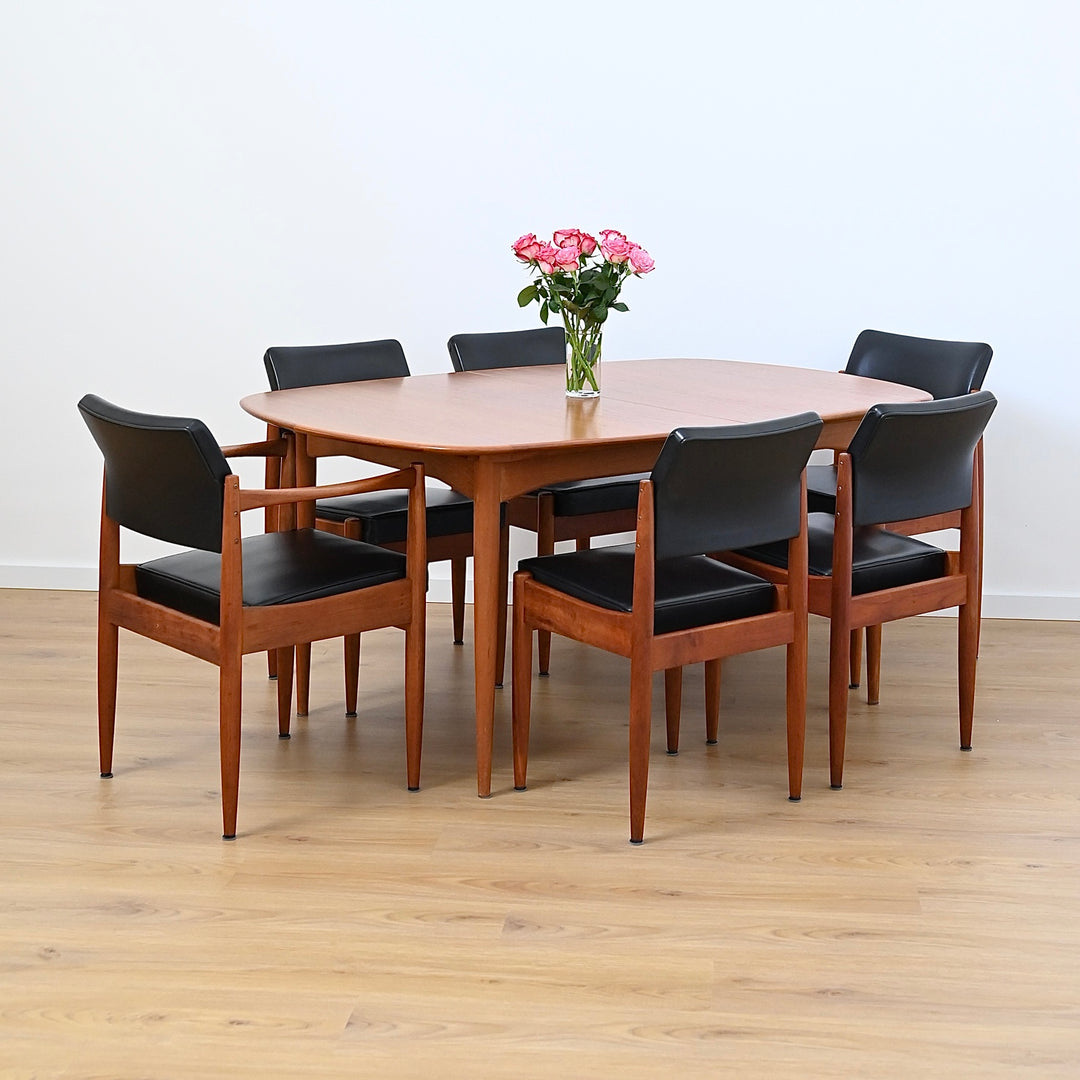 8 x Mid Century Teak Black Vinyl Dining Chairs by Chiswell