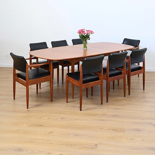 8 x Mid Century Teak Black Vinyl Dining Chairs by Chiswell