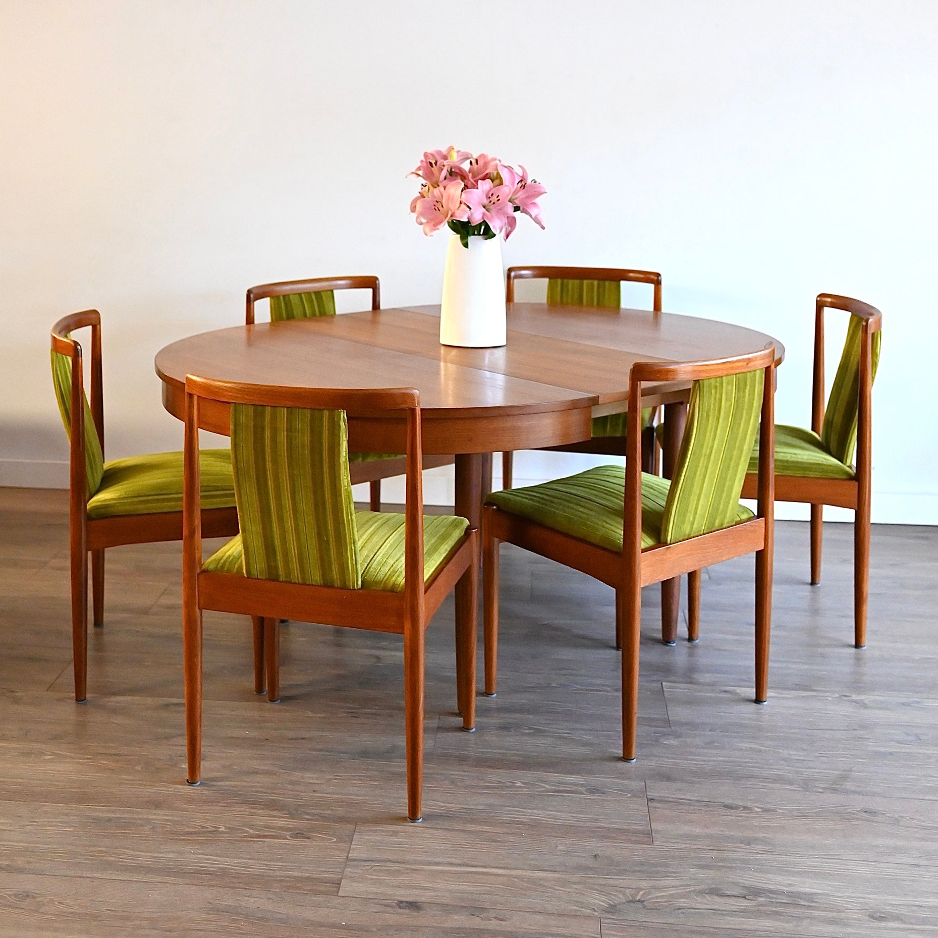 6x Parker Teak Dining Chairs Green Velvet