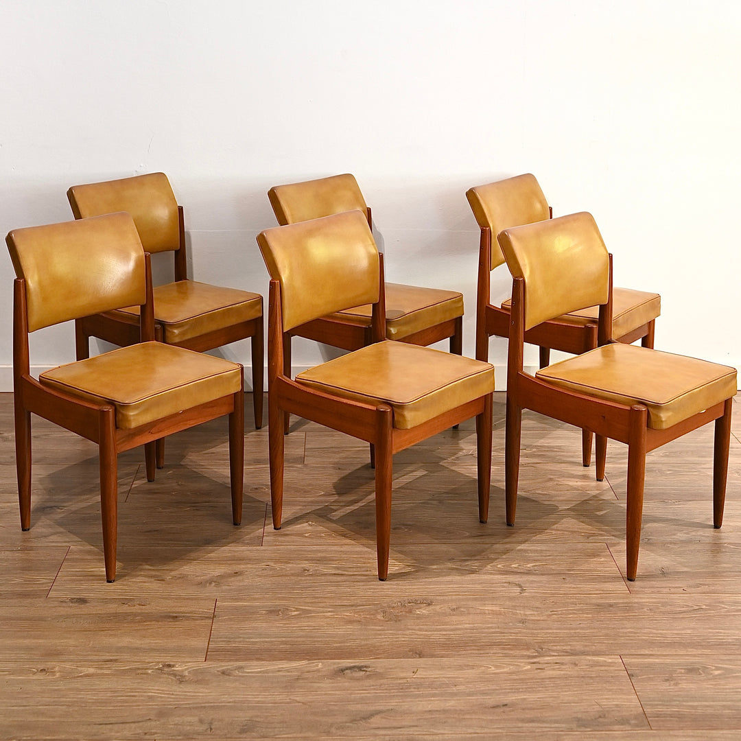 6 x Mid Century Teak Mustard Vinyl Dining Chairs by Chiswell