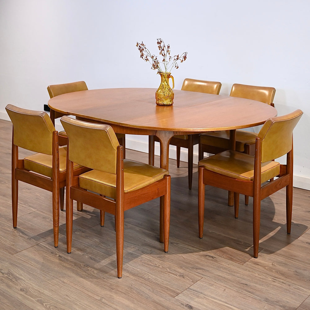 6 x Mid Century Teak Mustard Vinyl Dining Chairs by Chiswell